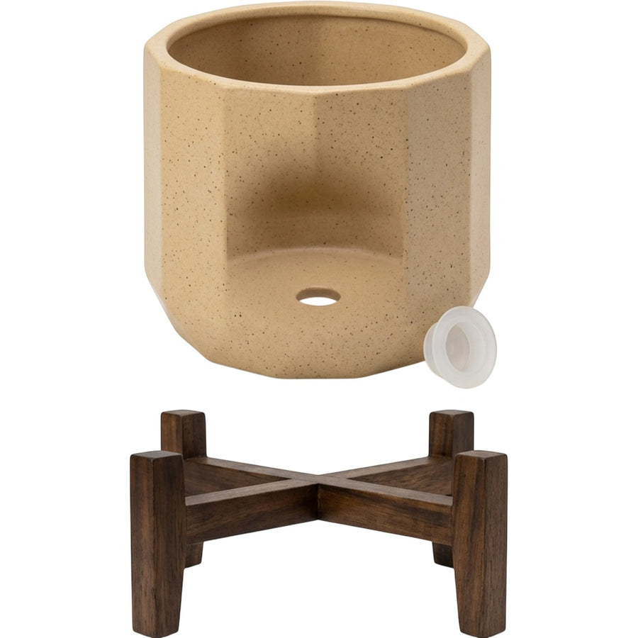 Gleao Faceted Ceramic Planter with Acacia Stand 16 cm Sand